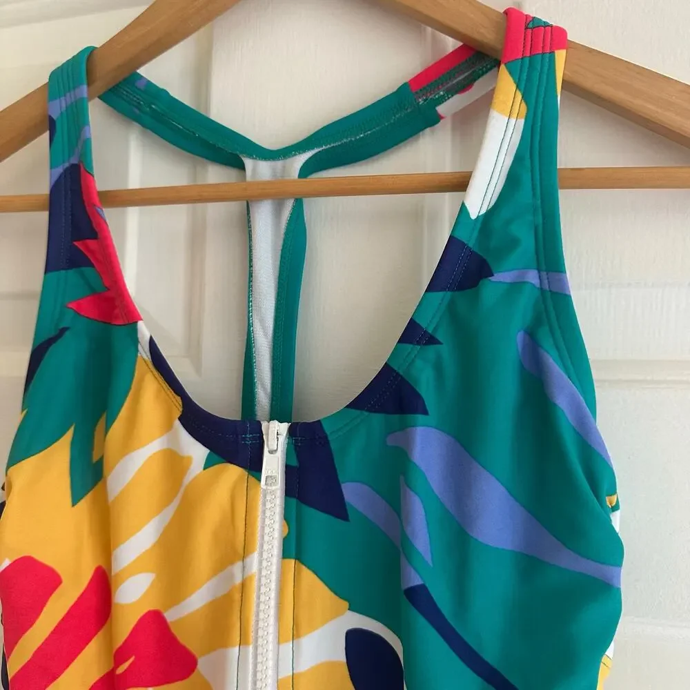 Joy Lab Front-Zip‎ One-Piece Swimsuit Multicolored Retro Size Small